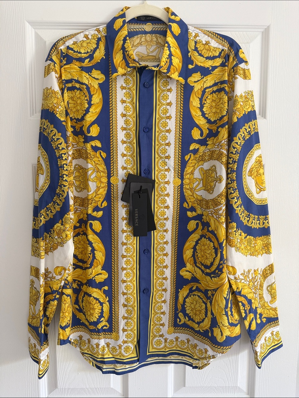 New Versace Blue and Gold Barocco Medusa Men's Long Sleeve Button Down Shirt